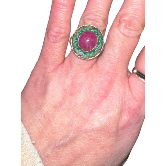 Antique Large Cabochon Ruby & Gripoix Glass Floral Band Goddess Statement Ring - Picture 10 of 16